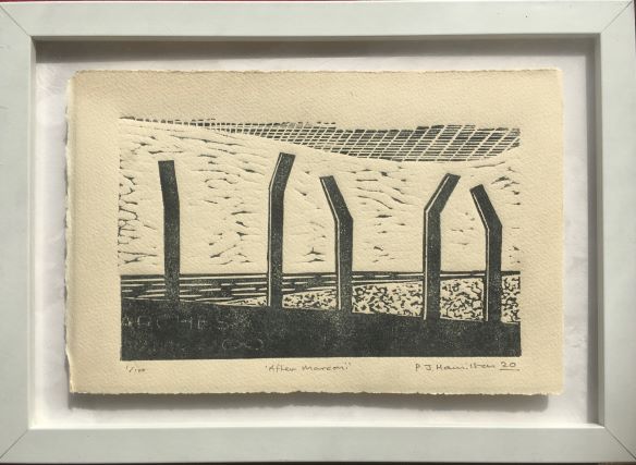 Marconi, linocut print, Paddy Hamilton, art, fine art print, Dungeness beach, Open Studios